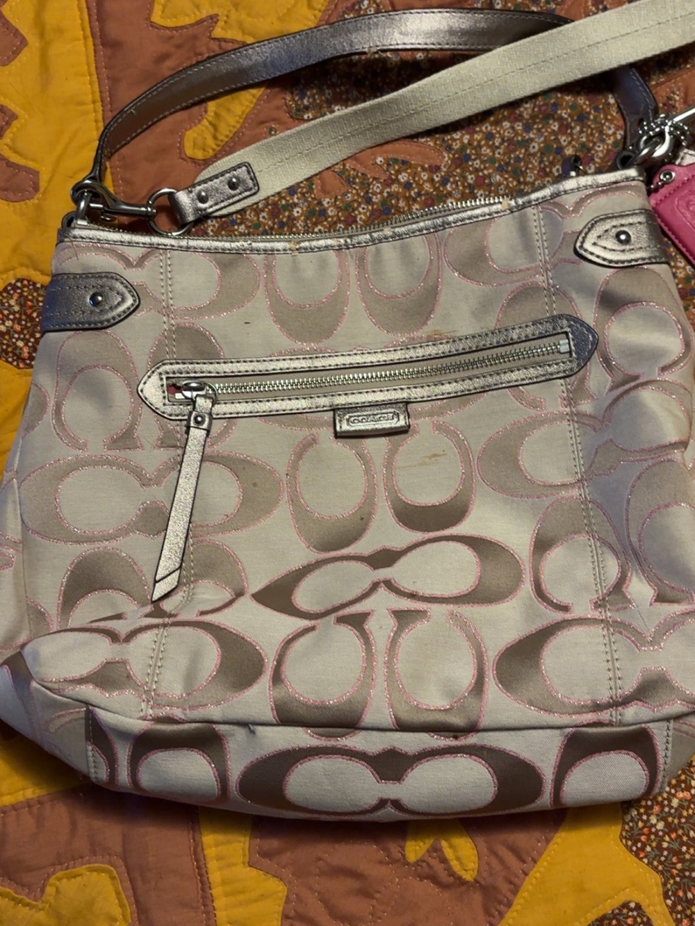 Coach Signature Jacquard Shoulder Bag in Pink and Silver